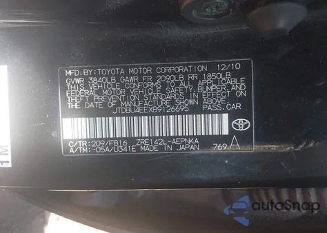 2011 Toyota Corolla Le from USA, damaged, VIN JTDBU4EEXB9126695